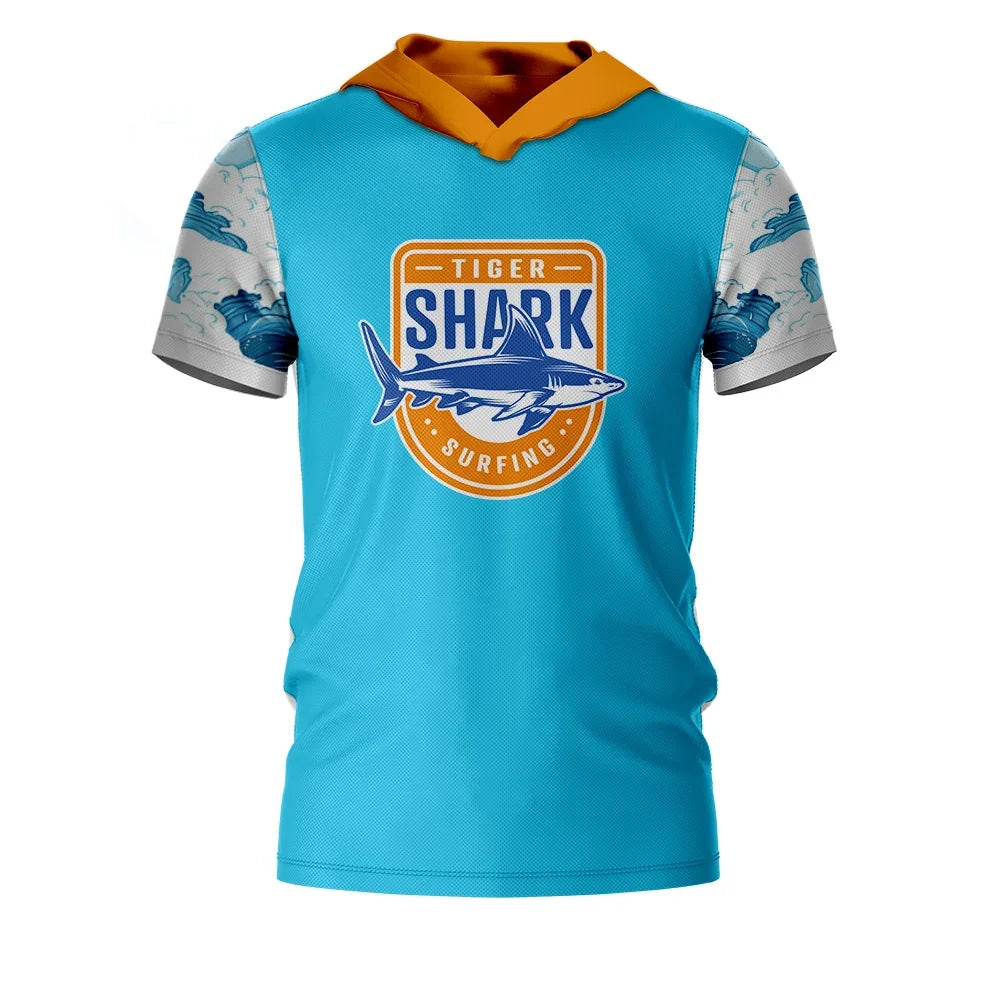 Blue custom hooded t-shirt featuring a Tiger Shark Surfing logo and wave patterned sleeves.