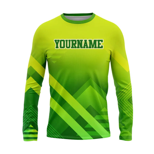Custom lime and forest green long sleeve athletic shirt with geometric patterns
