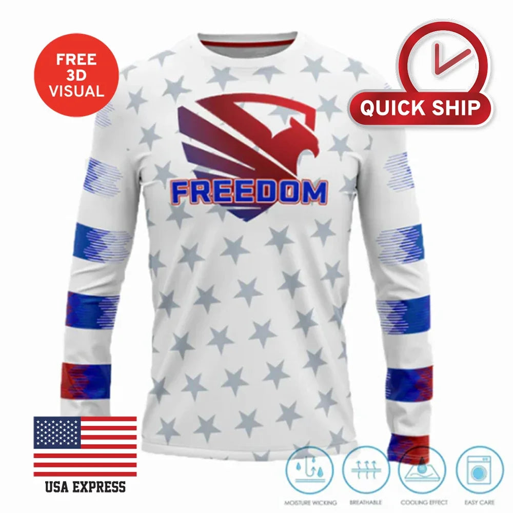 White long sleeve custom apparel shirt with eagle logo, FREEDOM text, and star pattern.