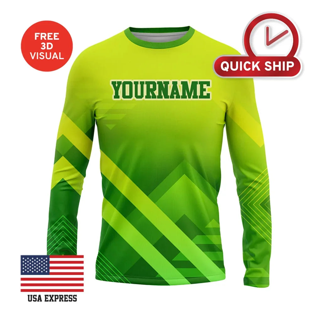 Custom green gradient long sleeve apparel with a personalized name placeholder.