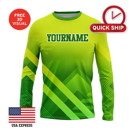 Custom green gradient long sleeve apparel with a personalized name placeholder.