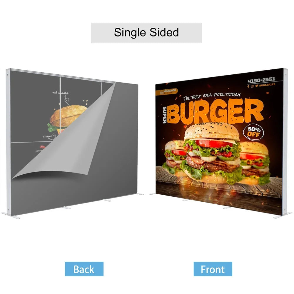 Custom single-sided burger promotional banner showing front and back views.