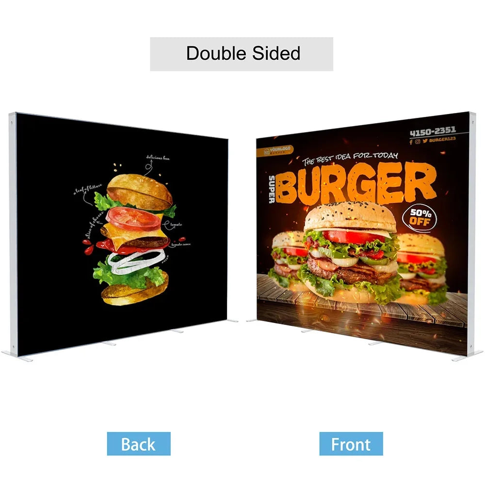 Double-sided custom fabric banner featuring burger graphics on front and back.