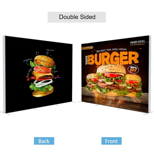 Double-sided custom fabric banner featuring burger graphics on front and back.