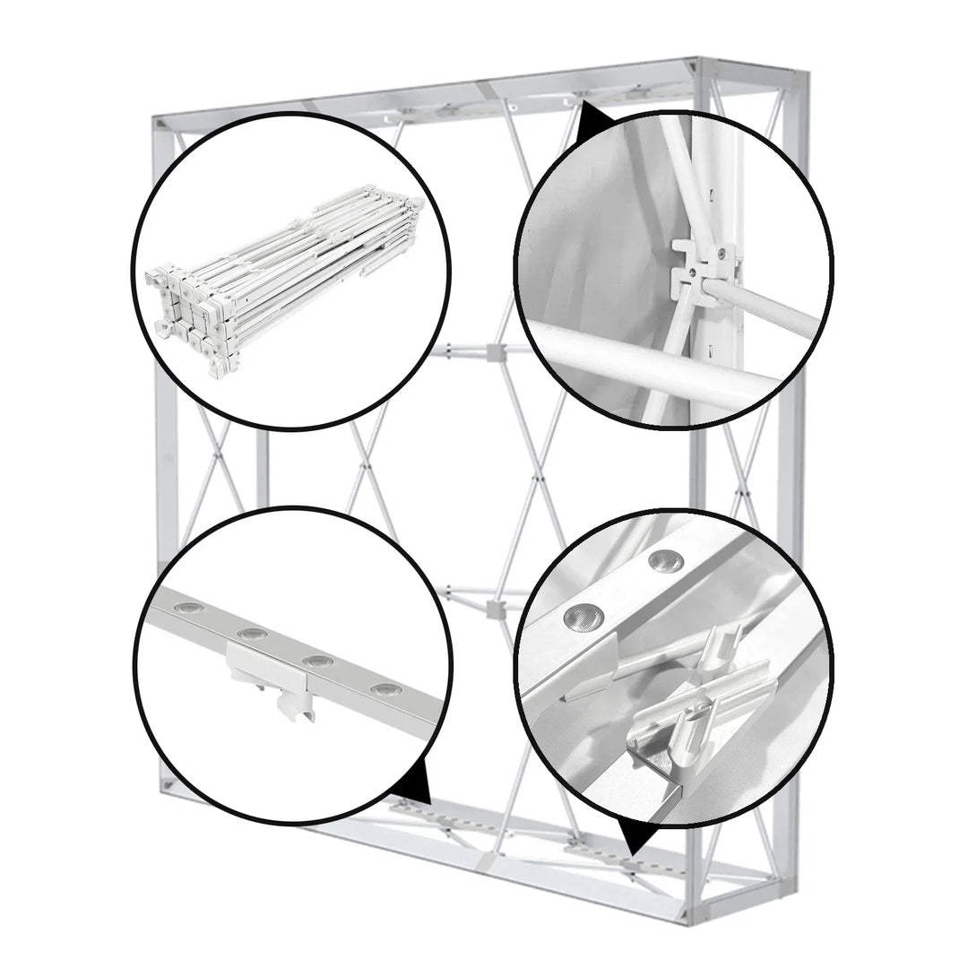 Detailed views of a white foldable custom tent frame showing structural joints and assembly.