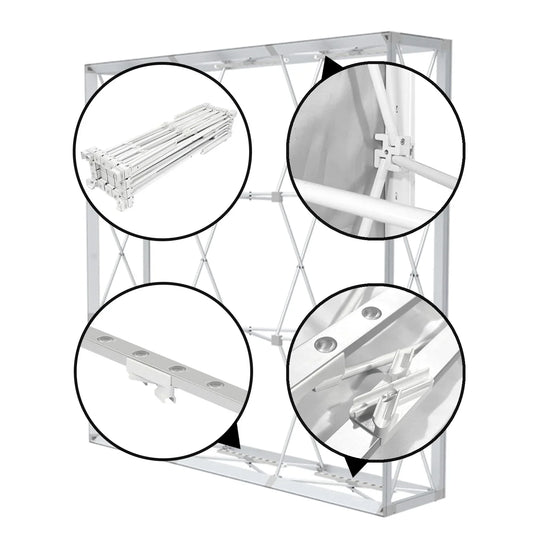 Detailed views of a white foldable custom tent frame showing structural joints and assembly.