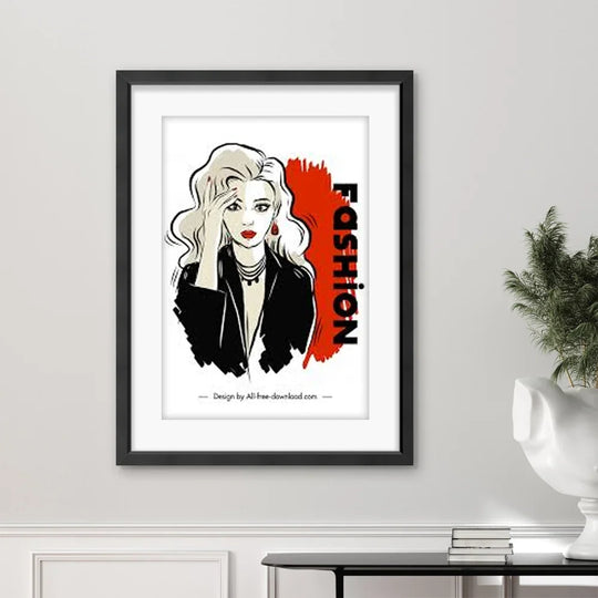 Framed wall art featuring a stylized illustration of a woman with the word 'FASHION'