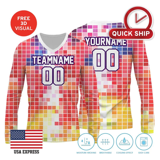 Custom multi-color pixelated sports jersey with team name and number placeholders