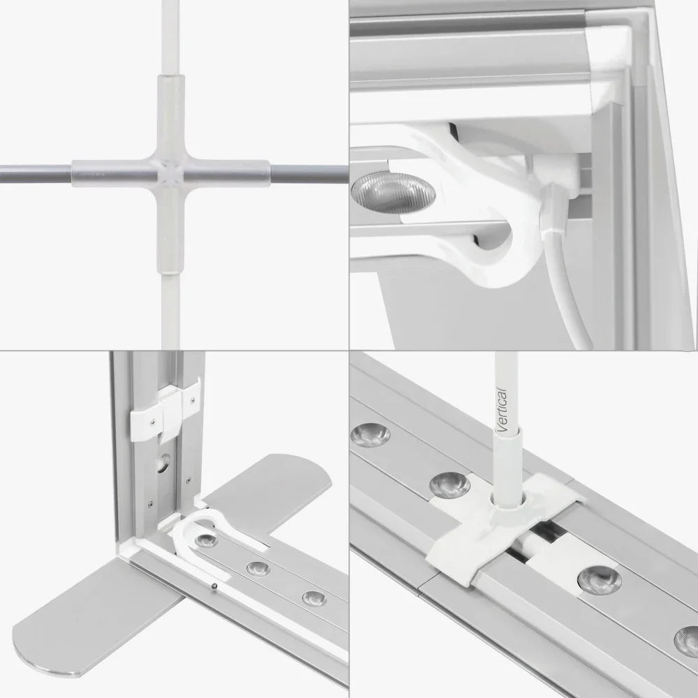 Close-up details of a white and silver adjustable aluminum frame assembly for a custom tent.