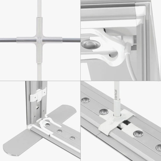 Close-up details of a white and silver adjustable aluminum frame assembly for a custom tent.