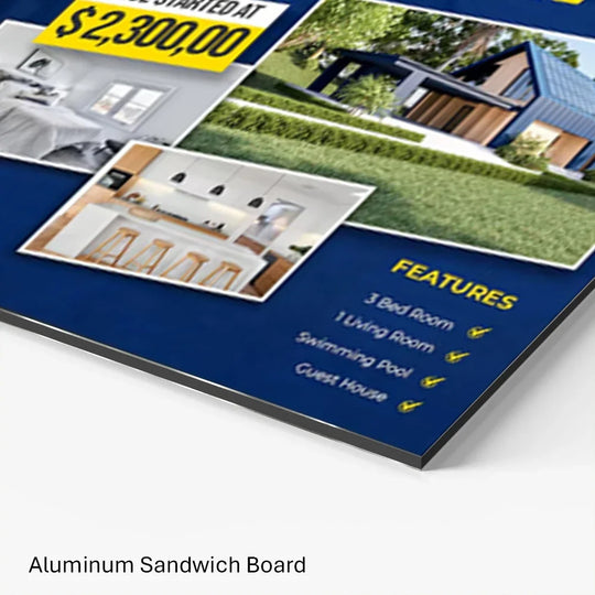 Custom printed aluminum sandwich board displaying home features and pricing