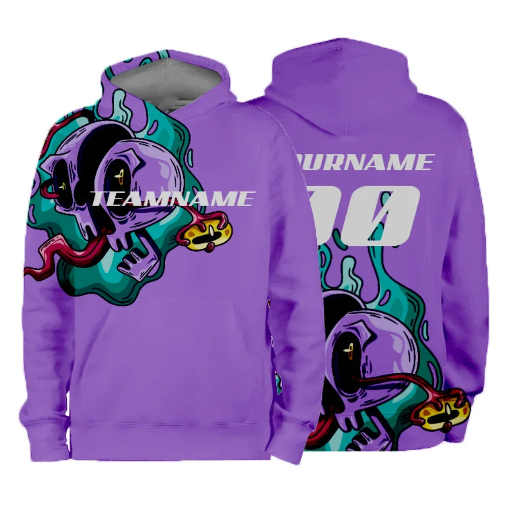 Purple custom hoodie featuring a skull graphic with team name placeholder.