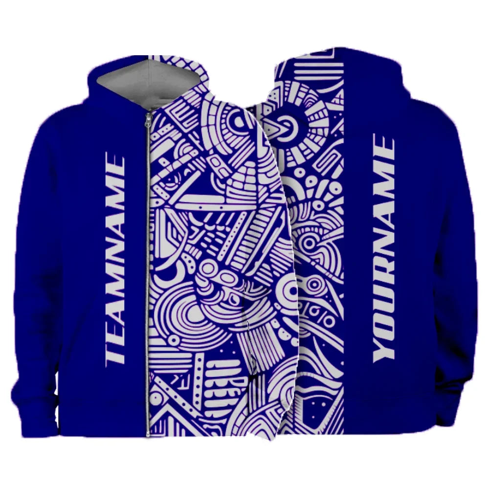 Custom blue zip-up hoodie featuring white tribal patterns and personalized text.
