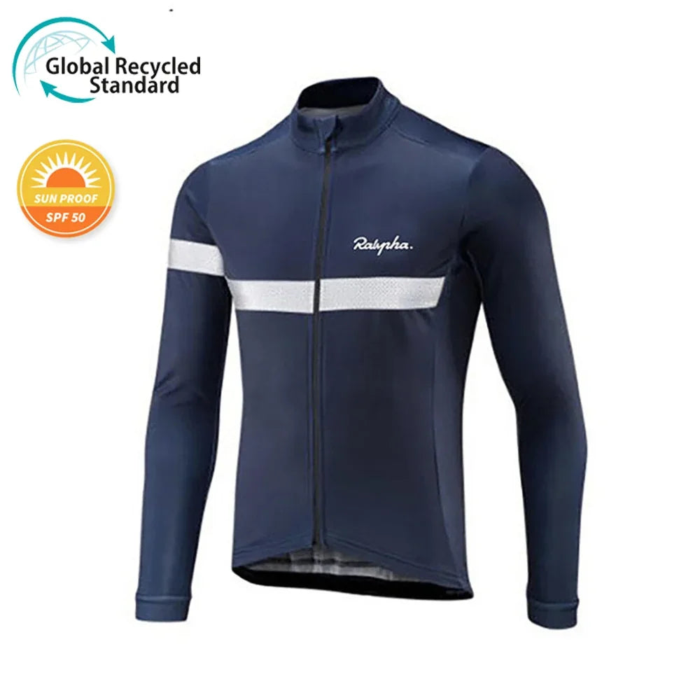Navy blue long sleeve cycling jersey with white stripe and zipper front.