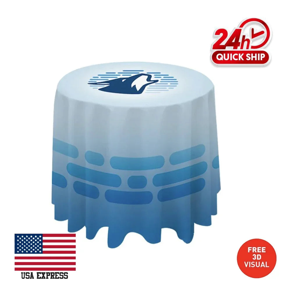 Custom round table cover with blue graphic design and logo