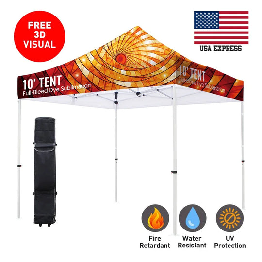 Custom 10ft full-bleed dye sublimation canopy tent with fire retardant and UV protection.