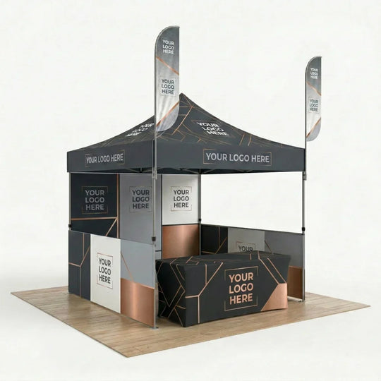 Custom branded event kit featuring a black canopy tent, table cover, and feather flags.