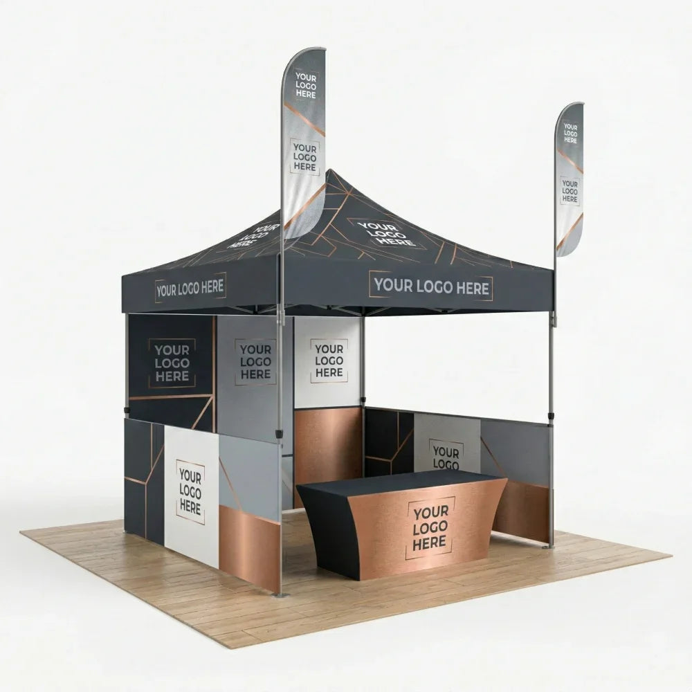 Custom branded event kit with pop-up tent, feather flags, and a matching table cover.