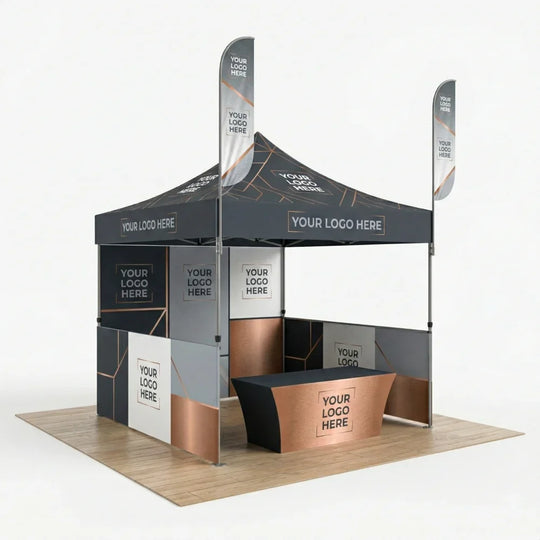 Custom branded event kit with pop-up tent, feather flags, and a matching table cover.