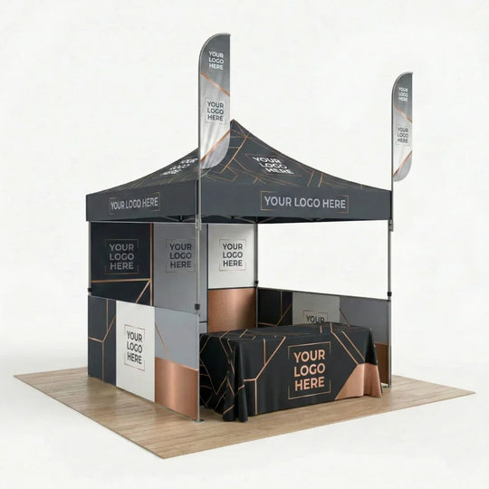 Custom branded event tent kit with matching table cover and feather flags