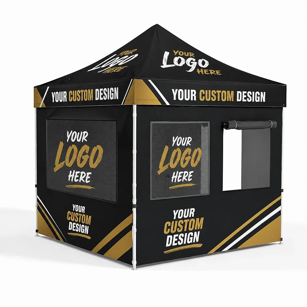 Custom black and gold promotional event tent with placeholders for logo and design