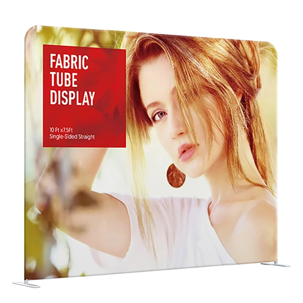 Custom 10ft x 7.5ft single-sided straight fabric tube display banner featuring a woman's portrait