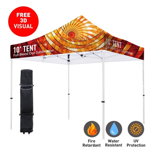 Custom 10ft full-bleed dye sublimation tent with fire retardant, water resistant, and UV protection.
