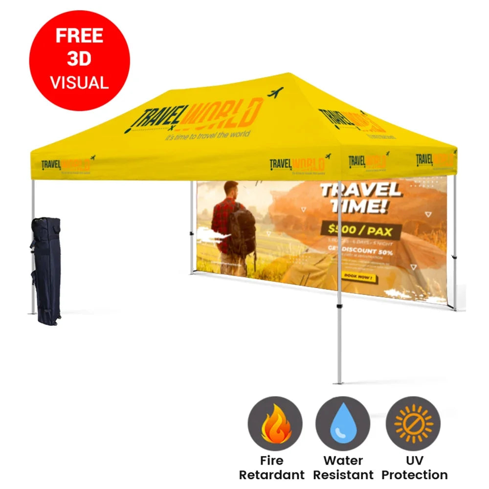 Custom yellow promotional pop-up tent with travel themed branding and back wall banner