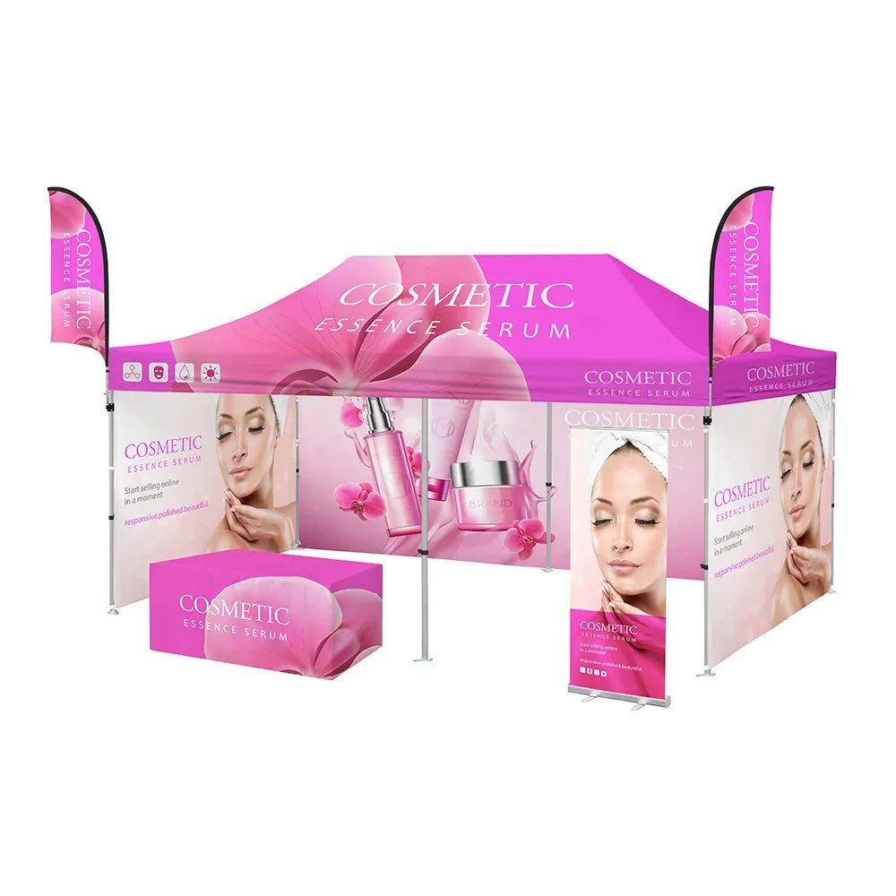 Custom pink cosmetic essence serum promotional tent kit with flags and banners