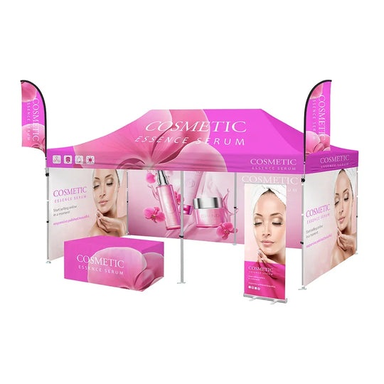 Custom pink cosmetic essence serum promotional tent kit with flags and banners