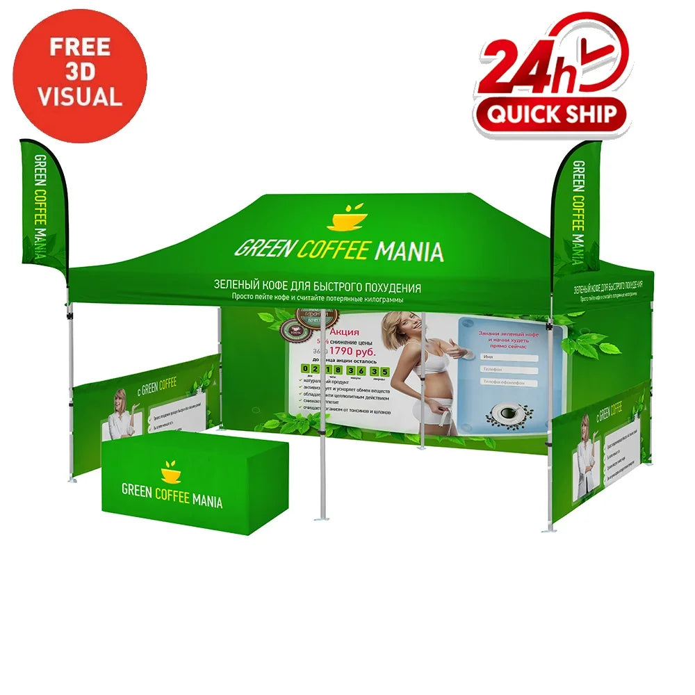 Custom green promotional tent and table cover for Green Coffee Mania with matching flags.