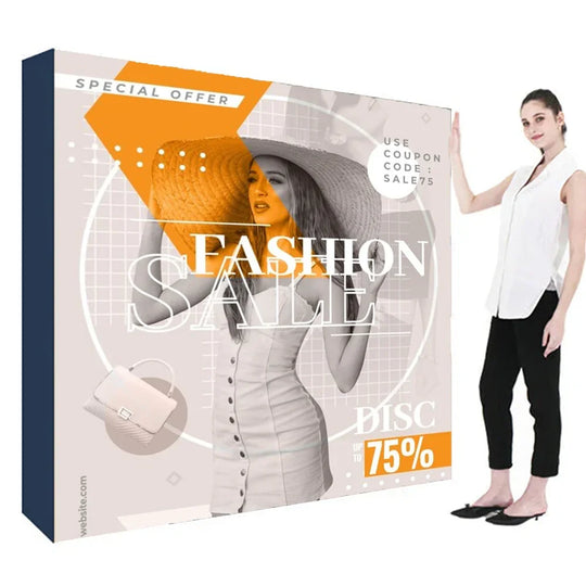 Promotional fashion sale banner featuring a woman in a white dress and sun hat.