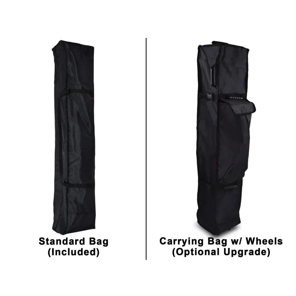 Comparison of a standard black carrying bag and a black carrying bag with wheels.