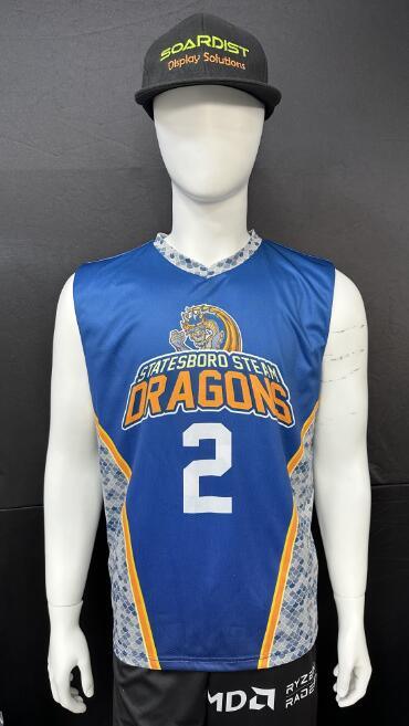 Custom blue Statesboro Steam Dragons jersey with number 2 on a mannequin