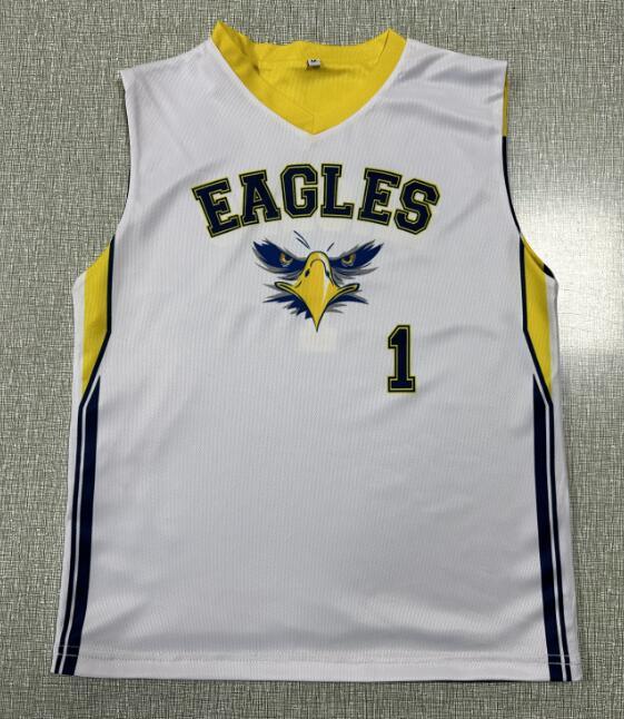 White custom sports jersey with yellow trim, EAGLES text, eagle logo, and number 1