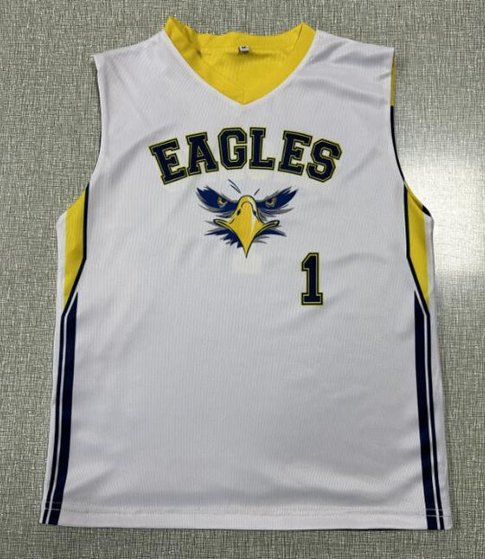 White custom sports jersey with yellow trim, EAGLES text, eagle logo, and number 1