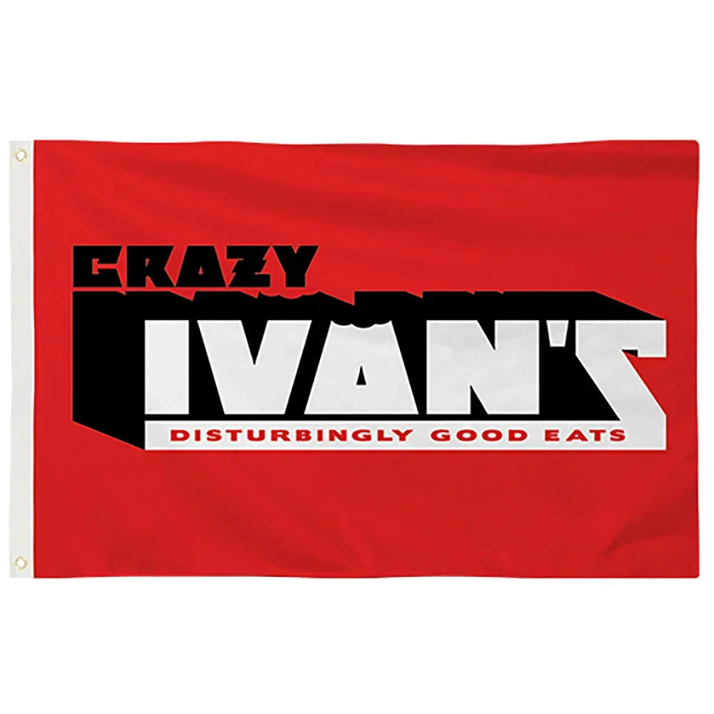 Red custom flag featuring the Crazy Ivan's Disturbingly Good Eats logo