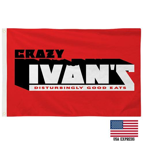 Red custom flag featuring the Crazy Ivan's Disturbingly Good Eats logo