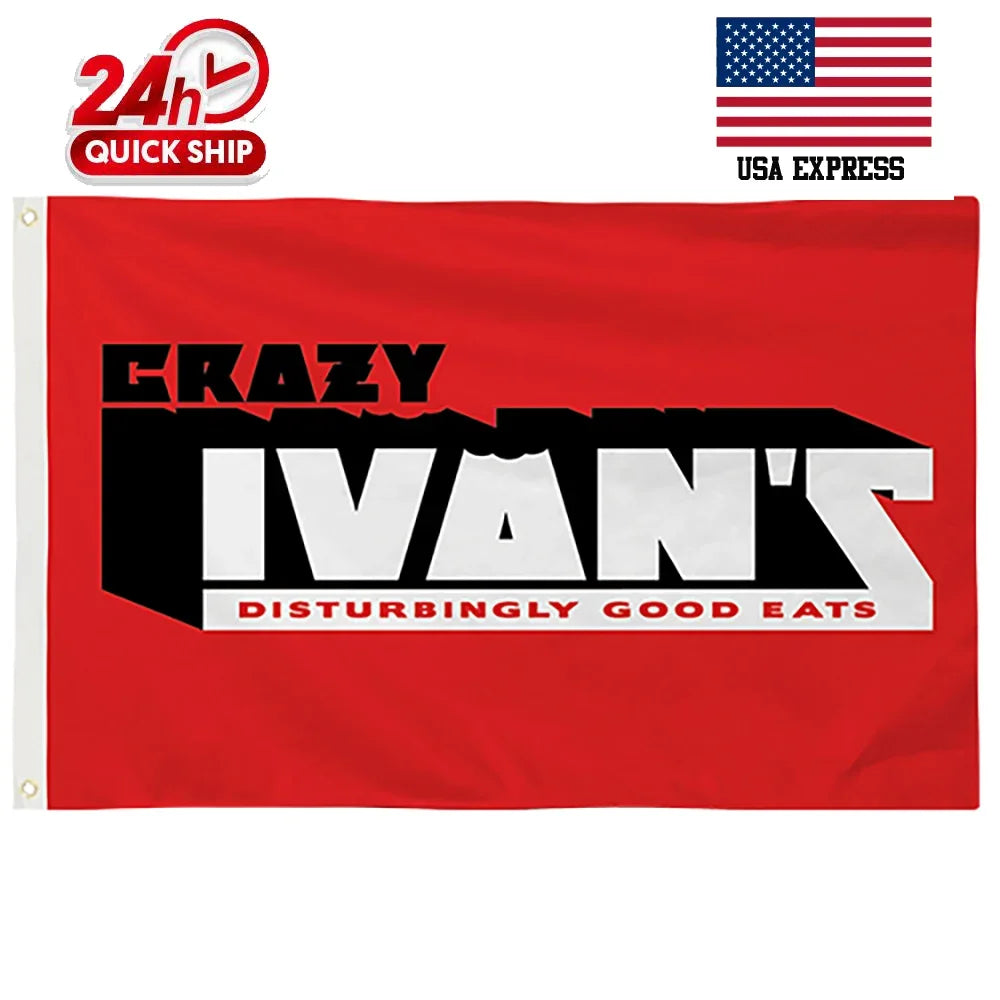Red custom flag featuring Crazy Ivan's Disturbingly Good Eats logo