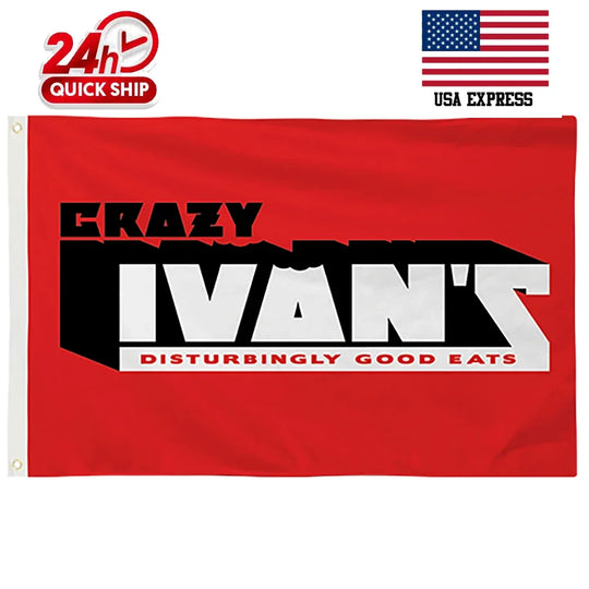Red custom flag featuring Crazy Ivan's Disturbingly Good Eats logo