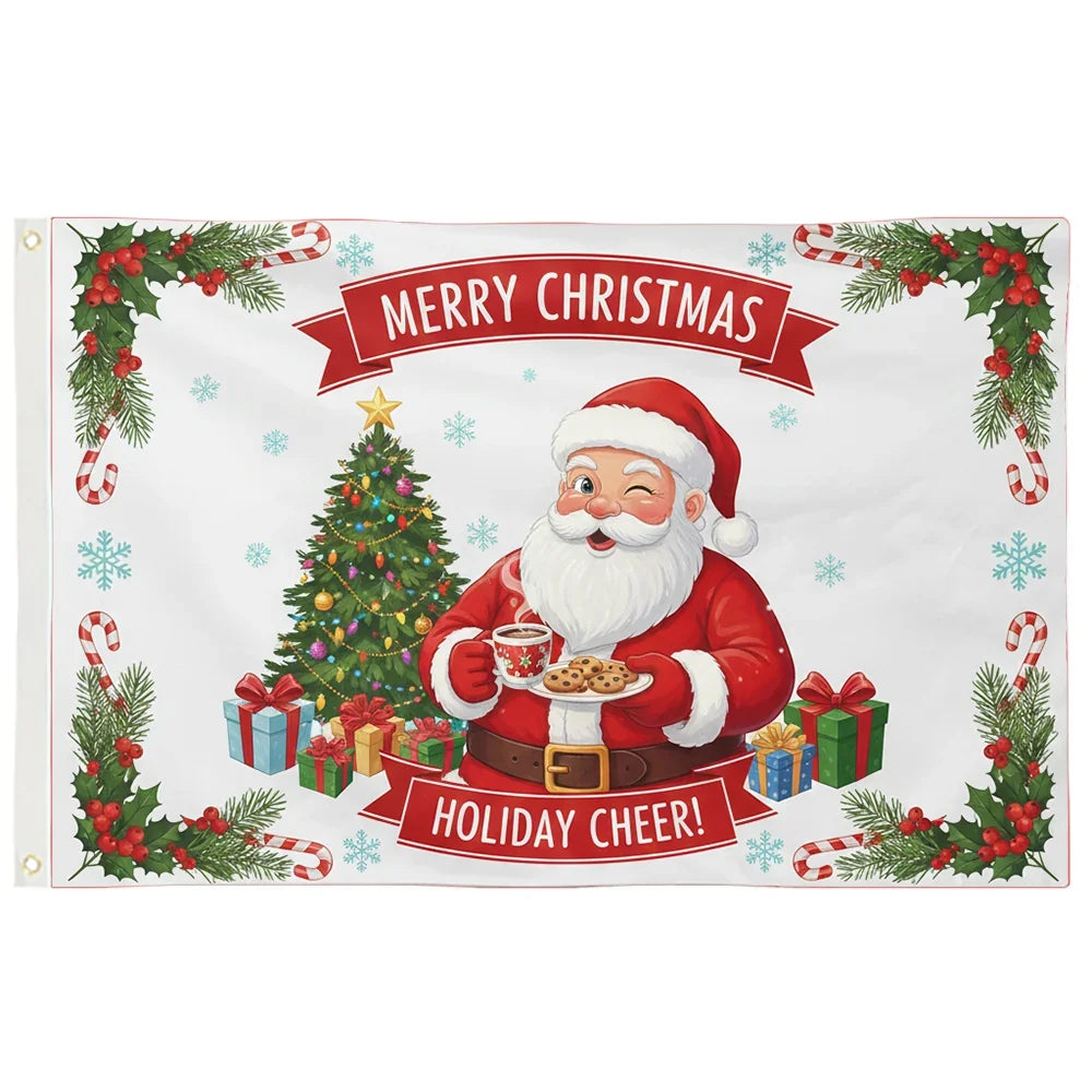 Christmas flag featuring Santa Claus with a decorated tree and 'Merry Christmas' banner