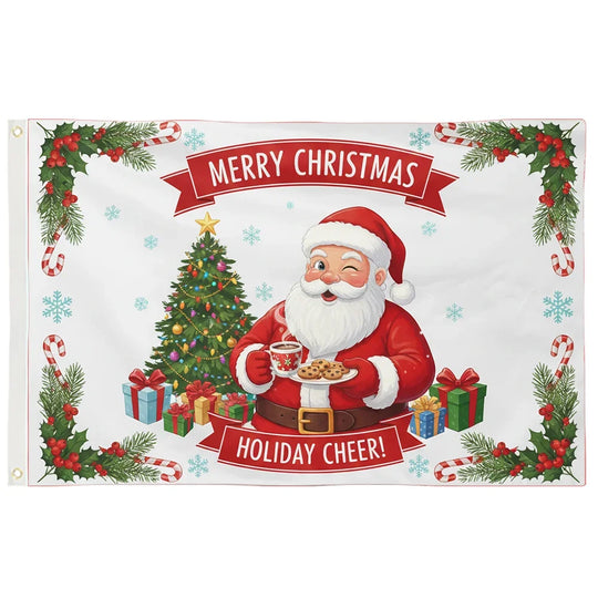 Christmas flag featuring Santa Claus with a decorated tree and 'Merry Christmas' banner