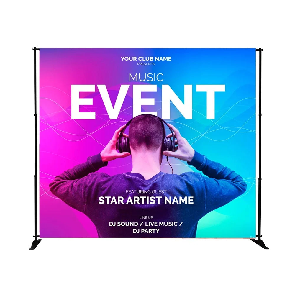 Custom printed fabric banner for a music event featuring a DJ on a colorful background
