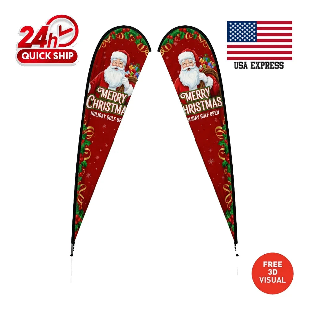 Custom red feather flags featuring Santa Claus and Merry Christmas golf open design