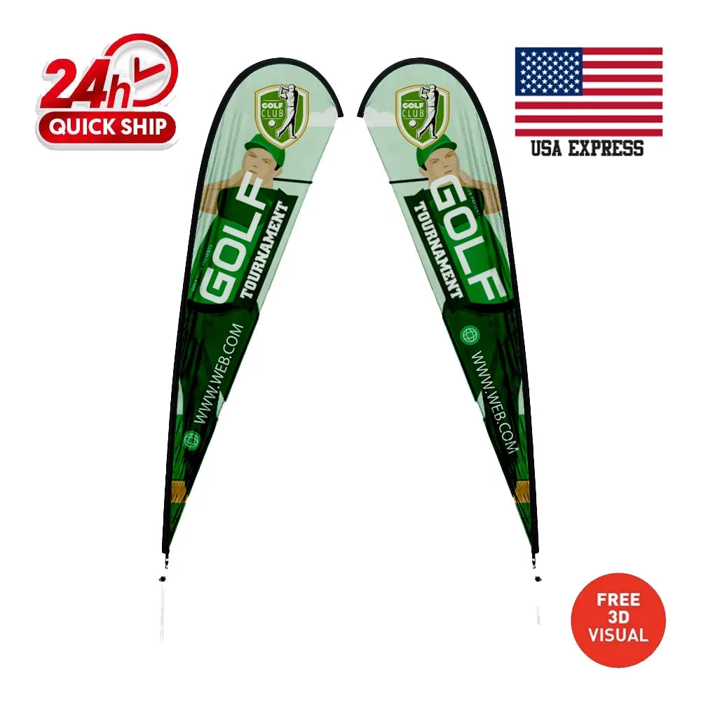 Custom teardrop flags for a golf tournament with green and white branding.