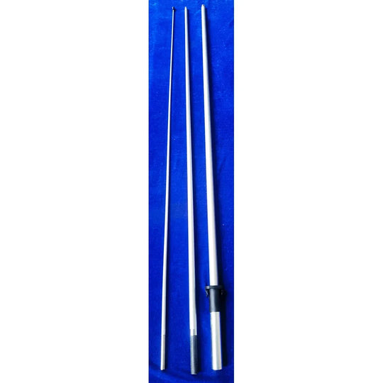 Three silver metal flag poles of varying thicknesses on a blue background