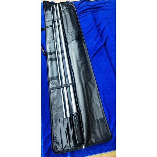 Silver metal tent poles stored in a black padded carrying case