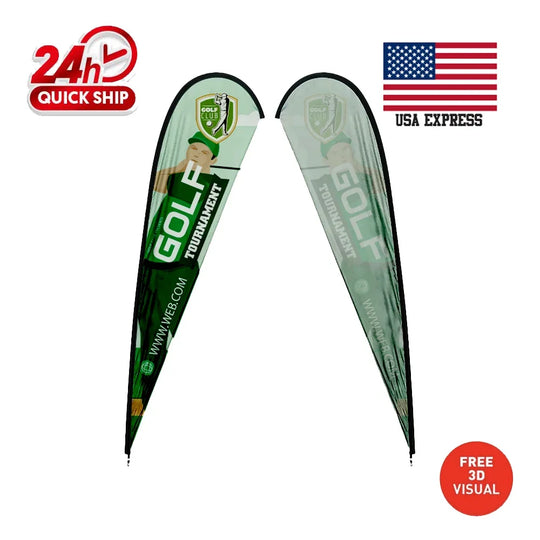 Two custom teardrop flags with a green golf tournament design