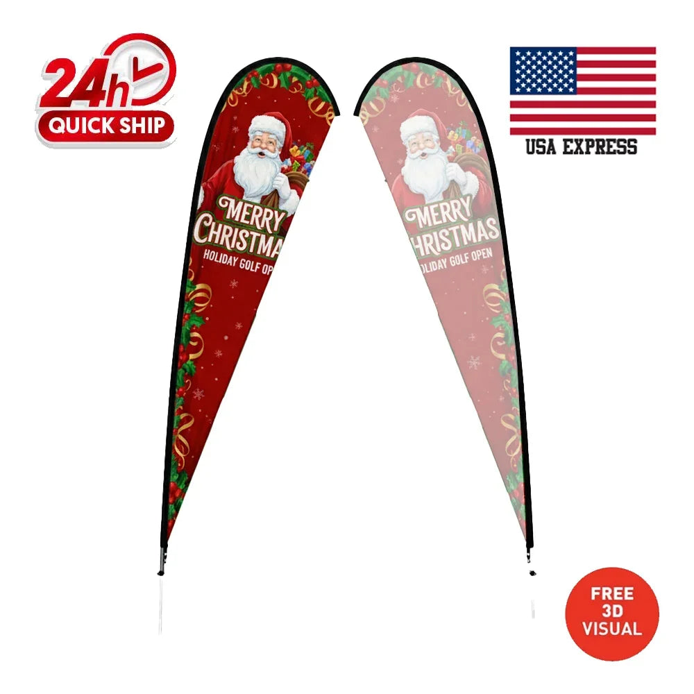 Custom Christmas-themed teardrop flags featuring Santa Claus and holiday graphics.