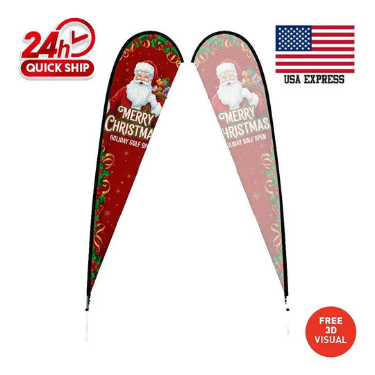 Custom Christmas-themed teardrop flags featuring Santa Claus and holiday graphics.